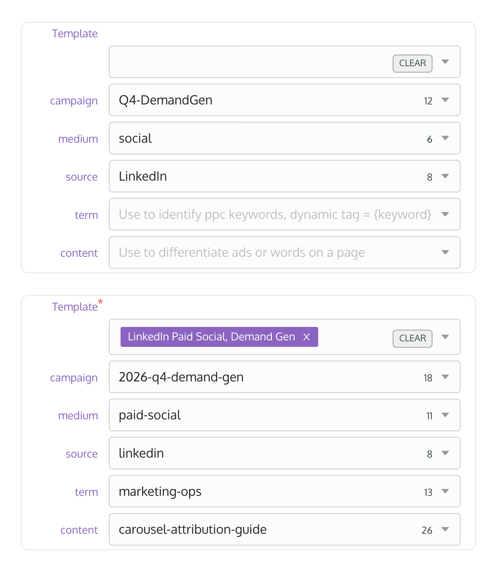 The same LinkedIn link built by hand with mismatched values, and built from a UTM template with the approved values